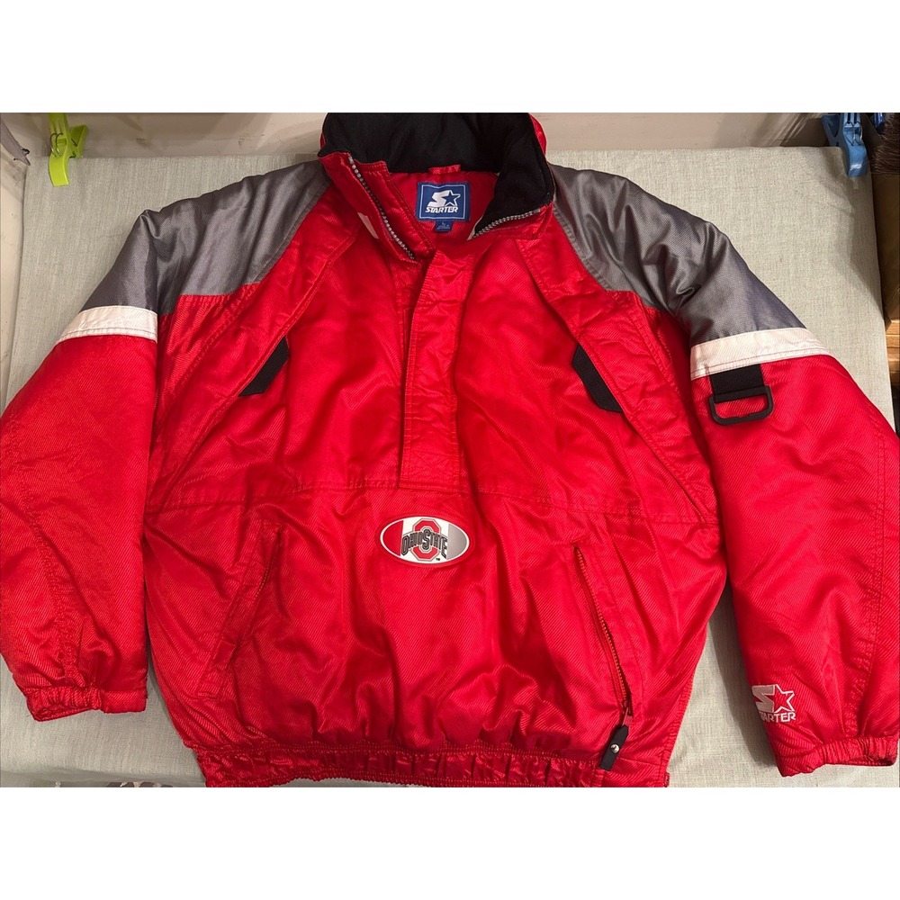 Vintage Starter Jacket 90s Ohio State Buckeyes Pullover Mens Large Red Puffer